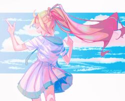  1girl blonde_hair braid closed_eyes cloud cloudy_sky creatures_(company) day eyelashes french_braid from_behind game_freak high_ponytail highres index_finger_raised lillie_(pokemon) long_hair nape nintendo ocean open_mouth partial_background pleated_skirt pokemon pokemon_sm r.aka. shirt skirt sky smile white_shirt white_skirt wind wind_lift 