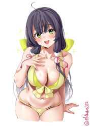  1girl bikini black_hair blush breasts cleavage ebifurya green_bikini green_eyes highres kantai_collection large_breasts long_hair looking_at_viewer mizuho_(kancolle) navel one-hour_drawing_challenge open_mouth simple_background smile solo swimsuit twitter_username white_background 