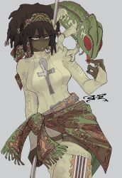 1girl absurdres ankh black_hair breasts chameleon chameleon_tongue curly_hair dark-skinned_female dark_skin dress earrings hair_ornament highres jewelry lizard looking_at_viewer medium_breasts original simple_background solo tagme wamiarts weapon white_background white_dress