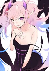  1girl black_dress black_wings blush breasts character_request cleavage collarbone copyright_request cowboy_shot demon_girl demon_tail demon_wings dress fingernails frilled_dress frills hair_between_eyes horns large_breasts long_bangs long_hair looking_at_viewer messy_hair one_eye_closed open_mouth pink_eyes pink_hair pink_nails pointy_ears purple_horns sharp_fingernails slit_pupils smile solo strap_slip tail tugmix two_side_up white_background wings 