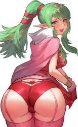  1girl ass ass_focus bracelet breasts butt_crack cameltoe cape cleft_of_venus clothes_lift commission dress fire_emblem fire_emblem_awakening from_behind garter_straps gloves green_eyes green_hair hair_ornament highres huge_ass jewelry large_breasts lingerie lipstick long_bangs long_hair looking_at_viewer looking_back makeup nintendo panties pink_thighhighs pointy_ears ponytail presenting r123 red_dress red_gloves red_panties shiny_skin skeb_commission skirt skirt_lift smile solo thick_thighs thighhighs thighs tiara tiki_(adult)_(fire_emblem) tiki_(fire_emblem) underwear wide_hips  rating:Explicit score:67 user:Def_Liepard