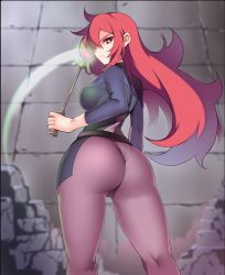  10s 1girl ass bodysuit breasts chariot_du_nord covered_erect_nipples frown hair_over_one_eye hip_focus huge_ass kippuru little_witch_academia long_hair looking_at_viewer looking_back medium_breasts red_eyes red_hair sideboob skin_tight skindentation solo spoilers staff stone_wall thighs ursula_callistis wall wand wide_hips  rating:Questionable score:58 user:Anon_Perv