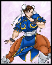 abs blush bracelet breasts brown_eyes brown_hair bun_cover china_dress chinese_clothes chun-li double_bun hydek jewelry large_breasts muscular poorly_drawn spiked_bracelet spikes street_fighter thick_thighs thighs rating:Sensitive score:7 user:hydek