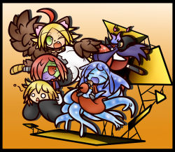  4girls animal_ears blonde_hair blue_hair concave costume dullahan closed_eyes fang feathers green_eyes halloween harpy monster_girl multiple_girls open_mouth original red_eyes red_hair severed_head slime_girl smile stitches zombie 
