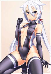  1girl blue_eyes breasts cameltoe elbow_gloves covered_erect_nipples front_zipper_swimsuit gloves leotard long_hair low_twintails medium_breasts meme_attire myouan one-piece_swimsuit original shirakami_itsuki solo swimsuit thighhighs twintails white_hair  rating:Questionable score:12 user:danbooru
