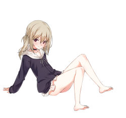  1boy androgynous arm_support bad_id bad_pixiv_id bottomless brown_hair camisole christine_(kuro_(kuronell)) crossdressing highres jacket leaning_back leg_lift long_hair male_focus original red_eyes shota simple_background sitting solo tama_(tamatamo) testicles trap twintails white_background  rating:Questionable score:53 user:danbooru