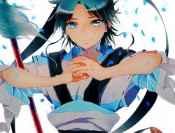  1boy black_hair blue_eyes chinese_clothes heterochromia lance magi_the_labyrinth_of_magic male_focus petals polearm ren_hakuryuu scar solo upper_body weapon white_background  rating:Sensitive score:2 user:QueenRazorShell