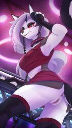  1girl animal_ears animal_nose anus arm_up artist_name ass black_thighhighs breasts collar colored_sclera from_below furry furry_female grey_hair headphones helluva_boss highres long_hair looking_at_viewer loona_(helluva_boss) medium_breasts pussy red_sclera scappo snout solo tail thighhighs white_eyes wolf_ears wolf_girl wolf_tail  rating:Explicit score:36 user:danbooru