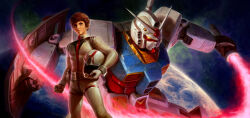  1boy absurdres amuro_ray arm_shield beam_saber blue_eyes bodysuit brown_hair carrying carrying_under_arm clenched_hand closed_mouth cowboy_shot dave_rapoza earth_(planet) expressionless gundam helmet highres holding holding_sword holding_weapon looking_afar mecha mobile_suit mobile_suit_gundam nebula normal_suit pilot_helmet pilot_suit planet realistic robot rx-78-2 science_fiction short_hair skin_tight slashing space space_helmet spacesuit standing sword unworn_headwear unworn_helmet v-fin v-shaped_eyebrows weapon white_bodysuit yellow_eyes 
