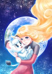  1girl :3 :d animal animal_hug blonde_hair blue_eyes bodysuit creator_connection crossover earth_(planet) floating_hair hi_no_tori highres jungle_taitei leo_(jungle_taitei) lion lion_cub long_hair looking_at_another open_mouth planet sky smile soujirou space star_(sky) starry_sky tamami_(hi_no_tori) two-tone_bodysuit upper_body very_long_hair 