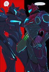  ... 1girl 1other anger_vein animal_collar animal_ears arm_cannon armor assault_visor black_background blue_light carapace cat_ears cat_girl cat_tail collar curled_tail dark_samus glint glowing_lines highres holding holding_leash hourai_t leash leash_pull metroid metroid_prime_3:_corruption motion_lines multicolored_armor nintendo ped_suit power_armor power_suit power_suit_(metroid) purple_armor red_armor red_background red_light samus_aran spoken_anger_vein spoken_ellipsis sweat tail two-tone_background varia_suit weapon 