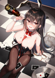 1girl :d @_@ alcohol animal_ears bare_arms bare_shoulders black_hair black_leotard bottle bow bowtie breasts brown_pantyhose card cleavage detached_collar fake_animal_ears feet_out_of_frame hairband highres holding holding_bottle large_breasts leotard lkeris long_hair looking_at_viewer on_floor open_mouth original pantyhose playboy_bunny playing_card pouring pouring_onto_self rabbit_ears red_eyes sitting smile solo strapless strapless_leotard tile_floor tiles very_long_hair wrist_cuffs rating:Sensitive score:24 user:danbooru