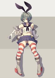  1boy boots child cosplay crossdressing full_body gloves green_hair high_speed! kantai_collection kirishima_ikuya memeo_(candy_house) miniskirt multicolored_thighhighs navel open_mouth rabbit_ears red_eyes red_thighhighs ribbon sailor short_hair simple_background skirt source_request striped_clothes striped_thighhighs thighhighs thong trap white_thighhighs  rating:Sensitive score:8 user:kunkakun