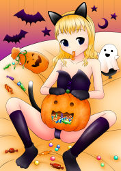  1girl absurdres artist_request blonde_hair blush candy costume food halloween highres loli model pumpkin solo tagme thighs  rating:Questionable score:5 user:Blob
