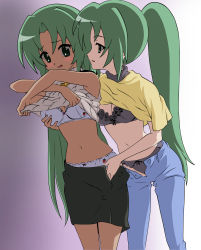 2girls absurdres black_bra black_panties blue_eyes blush bra breasts cleavage clothes_lift denim food_print grabbing grabbing_another&#039;s_breast green_hair hand_in_skirt hand_under_clothes highres higurashi_no_naku_koro_ni imminent_kiss incest jeans lace lace-trimmed_bra lace-trimmed_panties lace_trim long_hair multiple_girls narrow_waist navel panties pants ponytail print_panties shirt_lift siblings sisters skirt sleeveless sleeveless_turtleneck small_breasts smile sonozaki_mion sonozaki_shion strawberry_panties strawberry_print turtleneck twincest twins unbuttoned underwear undressing vector_trace very_long_hair white_bra white_panties yuri rating:Questionable score:78 user:danbooru