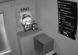  absurdres chat_log chibi chibi_only collared_shirt commentary deerstalker english_commentary greyscale hat highres hololive hololive_english monochrome moon_ldl plaid plaid_skirt rolling_suitcase shirt short_hair skirt suitcase user_interface virtual_youtuber watson_amelia watson_amelia_(1st_costume) youtube  rating:General score:2 user:danbooru