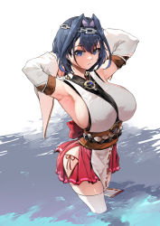1girl absurdres armpits bare_shoulders bikini blue_eyes blue_hair blush breasts chain detached_sleeves earrings hair_intakes hair_ornament headband highres hololive hololive_english huge_breasts japanese_clothes jewelry large_breasts looking_at_viewer miko nontraditional_miko obi ouro_kronii rope sash short_hair side-tie_bikini_bottom sideboob skirt solo standing swimsuit thighhighs virtual_youtuber vyragami wading water wide_sleeves rating:Sensitive score:54 user:danbooru