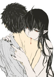  1boy 1girl biting black_hair black_nails blood clothed_male_nude_female faceless faceless_male hand_on_another&#039;s_back hand_on_another&#039;s_shoulder hetero hug kagari_ayaka long_hair monster_girl neck_biting nude partially_undressed pointy_ears red_eyes short_hair takamiya_honoka tarakoutibiru vampire witch_craft_works  rating:Questionable score:30 user:nonBlanc