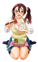  1girl bento blue_skirt blush breasts brown_eyes brown_hair chopsticks cleavage commentary_request food food_art full_body hair_between_eyes hair_ornament hairclip handkerchief highres holding holding_chopsticks incoming_food jewelry large_breasts long_hair long_sleeves looking_at_viewer necklace open_mouth pink_scrunchie sandwich school_uniform scrunchie seiza side_ponytail sitting skirt sogabe_toshinori solo sweater_vest tako-san_wiener tsuruhashi_madoka yankee_jk_kuzuhana-chan yellow_sweater_vest 