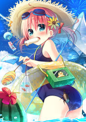 1girl ass bag bagged_fish blue_eyes blue_one-piece_swimsuit blue_sky blush cloud day fish flower food food_in_mouth fruit goggles goggles_on_head hair_between_eyes hair_flower hair_ornament hair_ribbon hand_net hat hibiscus innertube insect_cage looking_at_viewer looking_back mouth_hold natsuka_(unagi-unagi-unagi) one-piece_swimsuit open_mouth original outdoors palm_tree pink_hair polka_dot_innertube popsicle red_ribbon rhinoceros_beetle ribbon rubber_duck school_swimsuit sky solo standing straw_hat sunflower swim_ring swimsuit transparent tree twintails water watermelon wind_chime