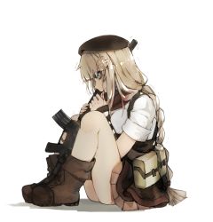  1girl assault_rifle biting biting_self blonde_hair blood blue_eyes boots breasts empty_eyes fn_fnc fnc_(girls&#039;_frontline) full_body girls&#039;_frontline gun highres medium_breasts ptsd rifle simple_background solo traumatized trembling weapon white_background  rating:Questionable score:12 user:partisann