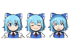1girl absurdres anya&#039;s_heh_face_(meme) black_eyes blue_bow blue_dress blue_eyes blue_hair blush blush_stickers bow bowtie cirno closed_mouth collared_shirt dress expressions hair_between_eyes hands_on_own_hips highres looking_to_the_side looking_up meme miz_(mizillustration) multiple_views one-hour_drawing_challenge parody puffy_short_sleeves puffy_sleeves red_bow red_bowtie shirt short_hair short_sleeves simple_background sketch smile smug spy_x_family surprised teeth the_memories_of_phantasm touhou upper_body v-shaped_eyebrows white_background
