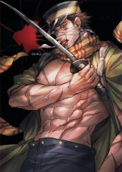  1boy abs absurdres bandaged_neck bandages bara bare_pectorals brown_hair bulge coat cowboy_shot empty_eyes facial_hair facial_scar golden_kamuy highres holding holding_sword holding_weapon large_pectorals licking licking_weapon looking_at_viewer male_focus mtkg_05 muscular muscular_male navel nipples open_clothes open_coat pectorals scar scar_on_cheek scar_on_face scarf seductive_smile serious short_hair shredded_muscles sideburns_stubble smile smoking solo standing stomach stubble sugimoto_saichi sword thick_eyebrows tongue tongue_out tsurime v-taper veins veiny_arms weapon yellow_scarf 