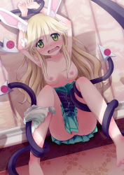  10s 1girl 54hao animal_ears armpits arms_up barefoot bdsm blonde_hair blush bound breasts clothes_down dog_days flower green_eyes green_panties hair_flower hair_ornament highres holding_legs imminent_rape medium_breasts nipples noir_vinocacao panties panties_around_leg pussy pussy_peek rabbit_ears restrained shadow sitting solo spread_legs tears tentacles topless underwear vert_farbreton wavy_mouth  rating:Explicit score:86 user:danbooru