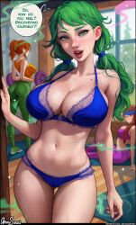  3girls arm_at_side aroma_sensei blue_bra blue_panties blush body_freckles bra braid breasts breath brown_hair caroline_(stardew_valley) cleavage commentary curvy doorway dripping english_commentary exercising eyelashes flying_sweatdrops freckles fumes green_eyes green_hair hand_on_wall head_tilt highres indoors jodi_(stardew_valley) large_breasts lips looking_at_viewer messy_hair multiple_girls navel open_mouth orange_hair panties pants patreon_username ponytail pov_doorway robin_(stardew_valley) signature sitting sparkle speech_bubble sports_bra sportswear standing stardew_valley steaming_body stomach sunlight sweat talking tank_top thighs twintails underwear weightlifting wide_hips window wooden_floor workout_clothes yoga_mat yoga_pants 