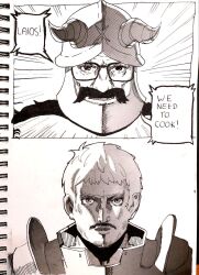 2boys armor artist_request breaking_bad cosplay crossover dungeon_meshi facial_hair fake_horns glasses highres horns jesse_pinkman jesse_pinkman_(cosplay) laios_touden male_focus monochrome multiple_boys parody portrait senshi_(dungeon_meshi) senshi_(dungeon_meshi)_(cosplay) source_request walter_white