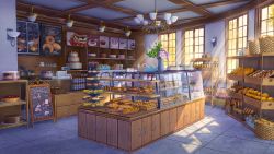 absurdres backlighting bakery bread cake cash_register commentary commentary_request english_commentary flower flower_pot food highres indoors mixed-language_commentary no_humans original planetariangaolin scenery shadow shop window rating:General score:4 user:danbooru