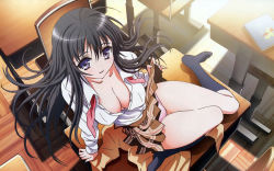  1girl black_hair black_thighhighs blue_eyes book breasts brown_skirt classroom cleavage clothes_lift covered_erect_nipples desk from_above kanokon large_breasts long_hair looking_at_viewer megami_magazine minamoto_chizuru miniskirt necktie no_bra open_clothes open_shirt panties partially_undressed pink_panties red_neckwear school school_desk school_uniform skirt skirt_lift smile socks source_request takami_akio thighhighs unbuttoned underwear undone_necktie 