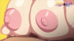 1boy 1girl animated animated_gif blur_censor breasts censored huge_breasts lying momodate_suzuki nipples no_waifu_no_life on_back on_bed puffy_nipples queen_bee sex sweat