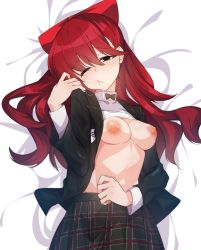  1girl absurdres after_fellatio atlus azalanz bow breasts clothes_lift commission cum cum_in_mouth cum_string highres lying medium_breasts nipples on_back one_eye_closed open_clothes persona persona_5 ponytail puffy_nipples red_eyes red_hair school_uniform shin_megami_tensei shirt_lift skirt yoshizawa_kasumi 