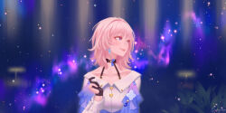  1girl absurdres archery_shooting_glove artist_name black_choker blue_background blue_eyes blue_jacket blush breasts buttons choker collarbone dress_shirt earrings eyelashes facing_viewer gloves hair_between_eyes hand_up highres honkai:_star_rail honkai_(series) jacket jesse_jordan jewelry light_rays long_sleeves looking_to_the_side low-cut march_7th_(honkai:_star_rail) medium_bangs medium_breasts medium_hair pale_skin partially_fingerless_gloves pastel_colors pink_eyes pink_hair ribbon shirt single_glove smile solo space star_(symbol) starry_background twitter_username two-tone_eyes wallpaper white_shirt wide_shot 