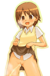 1girl blush breath brown_eyes brown_hair cleft_of_venus cowboy_shot gouchin_(nyou-tou) grey_skirt loli open_mouth peeing pussy school_uniform shirt short_hair short_sleeves skirt smile solo standing steam sweater_vest uncensored white_shirt yellow_sweater_vest rating:Explicit score:34 user:cpee