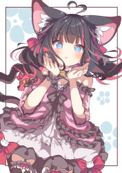  1girl ahoge animal_ear_fluff animal_ears bell black_hair black_thighhighs blue_eyes blush bow brown_eyes commission daidai_ookami dress frilled_dress frilled_thighhighs frills hands_up heart heart_ahoge highres jingle_bell looking_at_viewer multicolored_hair original parted_lips pink_dress red_bow short_sleeves skeb_commission solo tail thighhighs two-tone_hair white_dress wrist_cuffs 