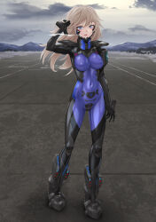  1girl alisa_ilinichina_amiella armored_bodysuit black_bodysuit blonde_hair blue_bodysuit blue_eyes bodysuit breasts breath cloud cloudy_sky commentary_request covered_erect_nipples covered_navel fortified_suit full_body god_eater headgear highres impossible_bodysuit impossible_clothes kurione_(zassou) long_hair looking_at_viewer medium_breasts mountain muv-luv muv-luv_alternative runway shiny_clothes skin_tight sky solo standing wind wind_lift 