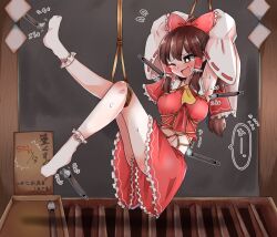  1girl armpits ascot blush bow brown_eyes brown_hair commentary_request detached_sleeves frilled_bow frilled_hair_tubes frills hair_bow hair_tubes hakurei_reimu highres long_hair midriff navel one_eye_closed open_mouth red_bow red_skirt ribbon-trimmed_sleeves ribbon_trim rope shibari shibari_over_clothes skirt skirt_set socks solo suspension sweat tanikake_yoku tears tickling tickling_armpits tickling_feet tickling_sides touhou translation_request white_socks yellow_ascot 
