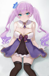  1girl aqua_eyes arms_at_sides artur_link bare_shoulders black_dress black_thighhighs breasts cleavage closed_mouth collar detached_collar dot_nose dress eyebrows eyelashes female_focus flower flower_on_head from_above gloves gradient_hair indie_virtual_youtuber kyria_(vtuber) large_breasts light_blush long_hair looking_at_viewer looking_up multicolored_clothes multicolored_dress multicolored_hair pink_hair purple_dress sitting smile solo strapless strapless_dress thighhighs twintails two-tone_collar virtual_youtuber white_collar white_dress white_gloves yellow_collar yellow_dress 