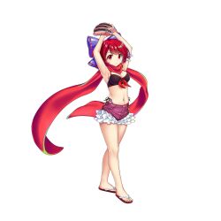  1girl alternate_costume baseball_glove bikini bikini_under_shorts black_bikini bow breasts cleavage closed_mouth contrapposto full_body game_cg hair_bow highres looking_at_viewer medium_breasts purple_bow red_eyes red_hair red_scarf rotte_(1109) sandals scarf sekibanki sekibanki_(dullahan_on_the_beach) short_hair simple_background solo swimsuit third-party_source touhou touhou_lostword v-shaped_eyebrows white_background 