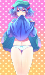  1girl backpack bad_id bad_pixiv_id bag blue_eyes blue_hair blush clothes_in_mouth clothes_lift female_focus hair_bobbles hair_ornament hat kawashiro_nitori legs matching_hair/eyes meronpanna_(mikoniito) mouth_hold panties short_hair skirt skirt_in_mouth skirt_lift solo touhou twintails two_side_up underwear upskirt 