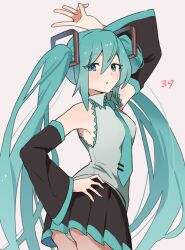  1girl 39 :o arm_above_head black_skirt black_sleeves blue_eyes blue_hair blue_necktie blush collared_shirt cowboy_shot detached_sleeves enipa_28 frilled_shirt frills from_behind grey_shirt hair_between_eyes hand_on_own_hip hatsune_miku highres long_hair long_sleeves looking_at_viewer looking_back miniskirt necktie open_mouth panties pantyshot pleated_skirt shirt sidelocks simple_background skirt sleeveless sleeveless_shirt solo tie_clip twintails underwear very_long_hair vocaloid w white_background 