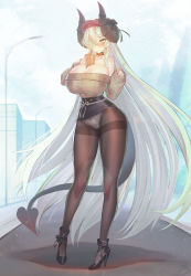  1girl absurdly_long_hair azur_lane bad_id bad_pixiv_id belfast_(azur_lane) belfast_(shopping_with_the_head_maid)_(azur_lane) beret between_breasts black_pantyhose blonde_hair blush bow breasts bubble_tea bubble_tea_challenge choker cleavage commission crotch_seam cup demon_girl demon_horns demon_tail disposable_cup drinking_straw flower flower_eyepatch flower_over_eye full_body hair_bow hat high_heels horns huge_breasts index_finger_raised long_hair looking_at_viewer object_on_breast off-shoulder_sweater off_shoulder original panties panties_under_pantyhose pantyhose skirt solo standing suerte sweater tail thighband_pantyhose underwear very_long_hair yellow_eyes  rating:Sensitive score:142 user:danbooru