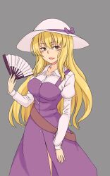1girl belt blonde_hair bow breasts brown_eyes collarbone commentary dress grey_background hand_fan hat hat_bow highres holding holding_fan juliet_sleeves kakone long_hair long_sleeves looking_at_viewer medium_breasts one-hour_drawing_challenge open_mouth puffy_sleeves purple_bow purple_dress simple_background smile solo touhou watatsuki_no_toyohime