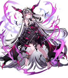  1girl absurdly_long_hair alternate_eye_color anklet barefoot black_dress black_gloves black_hair breasts clenched_teeth crown cuffs damaged dress feather_trim fire_emblem fire_emblem_engage fire_emblem_heroes gloves highres jewelry long_hair multicolored_hair nintendo non-web_source official_alternate_costume official_alternate_eye_color official_art one_eye_closed red_eyes shackles small_breasts solo streaked_hair teeth torn_clothes torn_dress very_long_hair veyle_(fell_successor)_(fire_emblem) veyle_(fire_emblem) white_hair 