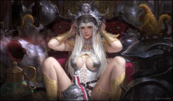 1girl armor bad_deviantart_id bad_id blunt_bangs bracer breasts center_opening cleavage cleavage_cutout clothing_cutout greaves hair_over_shoulder helmet hime_cut kilart lace-up_top large_breasts lips long_hair monkey nose original realistic sitting solo spread_legs throne white_hair rating:Sensitive score:22 user:danbooru