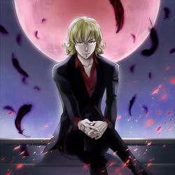  10s 1boy barnaby_brooks_jr. blonde_hair dark_persona feathers formal full_moon glasses h-saiga crossed_legs male_focus moon ourobunny red_eyes red_moon sitting solo suit tattoo tiger_&amp;_bunny  rating:Sensitive score:1 user:danbooru