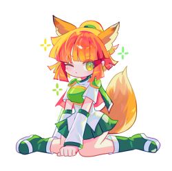  1girl :&lt; absurdres alternate_color animal_ears arle_nadja armor blunt_bangs blush boots breastplate brown_hair closed_mouth fox_ears fox_girl fox_tail green_eyes green_footwear green_skirt highres kemonomimi_mode looking_at_viewer offbeat one_eye_closed pleated_skirt puyopuyo short_hair short_ponytail simple_background skirt solo tail white_background 