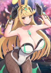  1girl absurdres animal_ears bare_shoulders black_pantyhose blonde_hair blush bodysuit breasts brown_pantyhose chest_jewel choker cleavage closed_mouth clothing_cutout collarbone covered_navel earrings fishnet_pantyhose fishnets gloves gonzarez hair_ornament hands_up highres jewelry large_breasts leotard long_hair looking_at_viewer mythra_(massive_melee)_(xenoblade) mythra_(radiant_beach)_(xenoblade) mythra_(xenoblade) nintendo pantyhose playboy_bunny rabbit_ears rabbit_pose rabbit_tail solo super_smash_bros. tail tiara white_choker white_leotard xenoblade_chronicles_(series) xenoblade_chronicles_2 yellow_eyes 